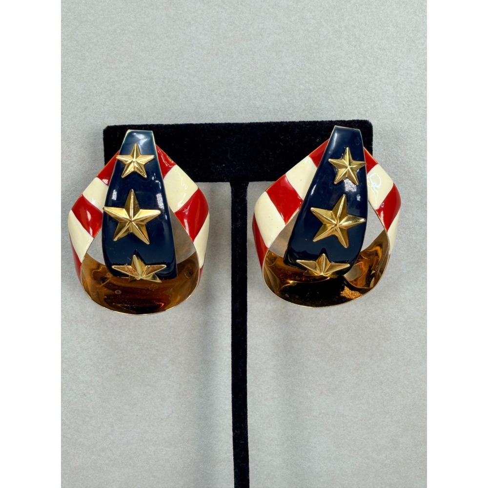 Vintage Patriotic USA Flag Enamel Hoop Earrings Stars Stripes Gold Tone